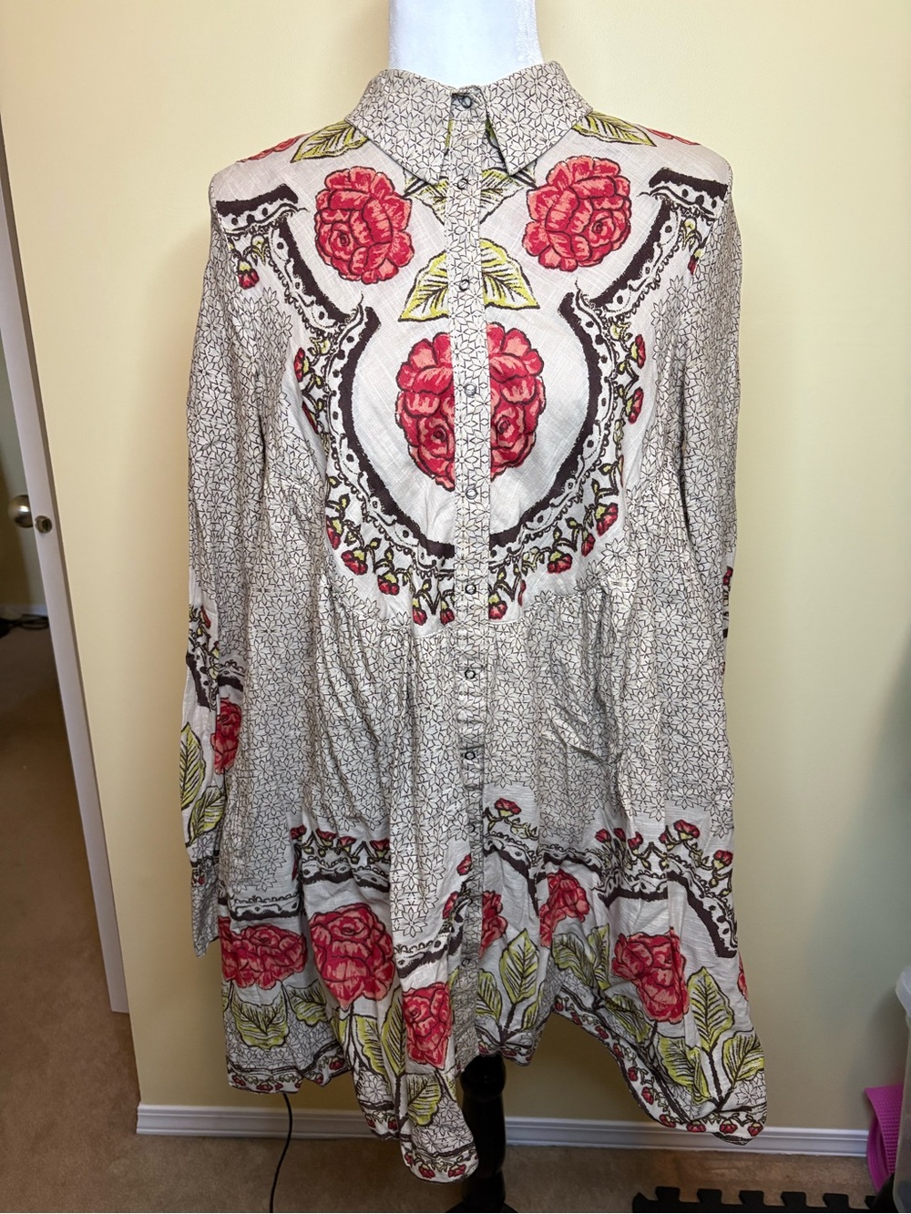 Free People Cream Tunic with Red Rose Print